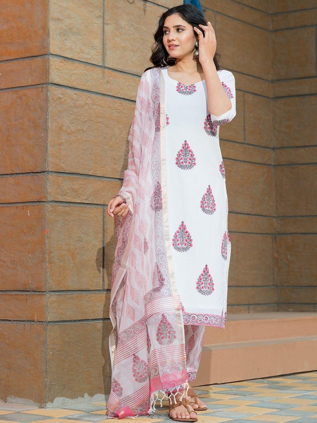 pheeta women white ethnic motifs printed pure cotton kurta with trousers & with dupatta