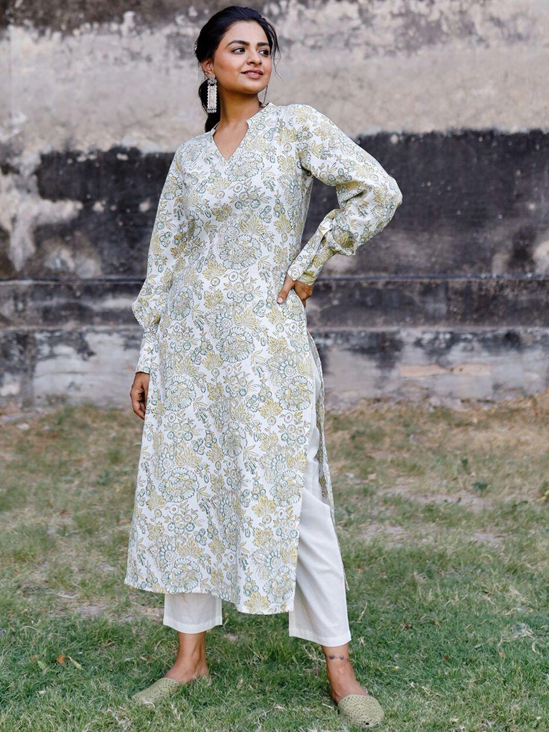 pheeta women white floral printed pure cotton kurta with trousers