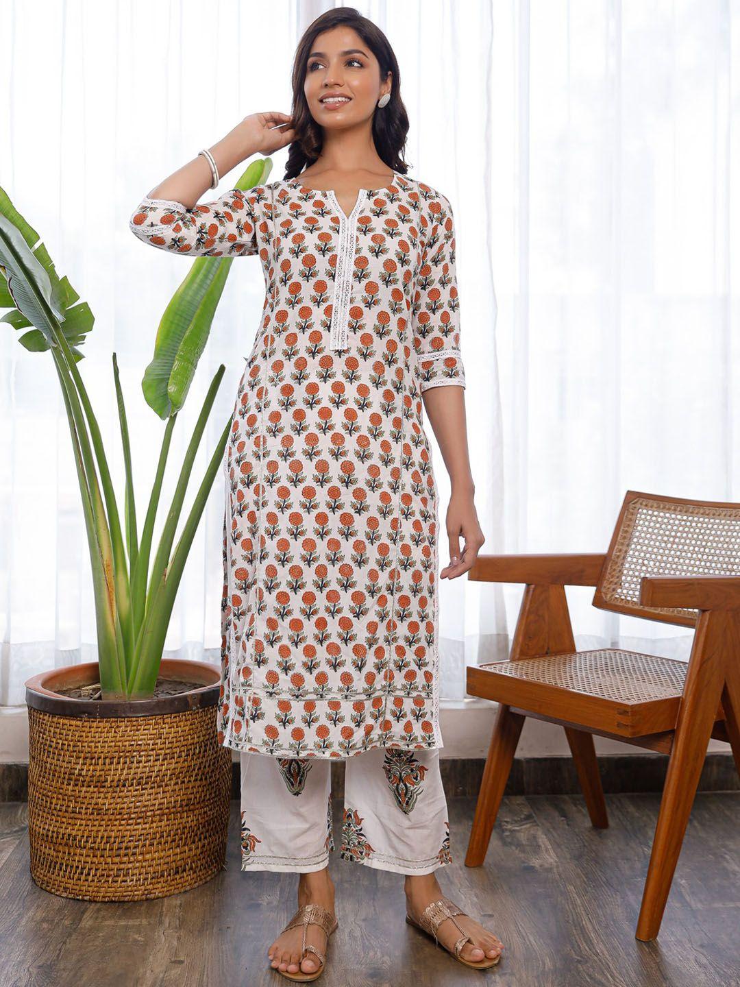 pheeta women white pure cotton floral printed pure cotton kurta with trousers