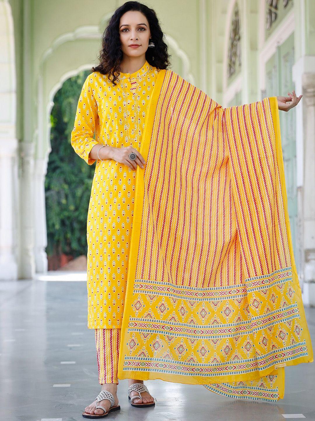 pheeta women yellow floral printed pure cotton straight kurta with trousers & dupatta