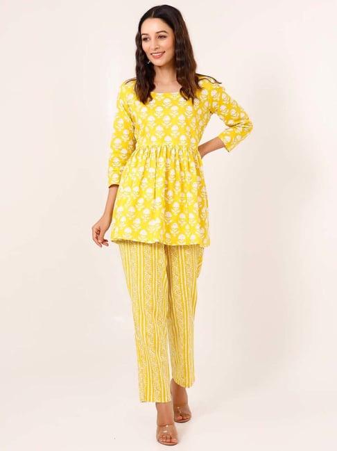 pheeta yellow cotton floral print kurti pyjama set