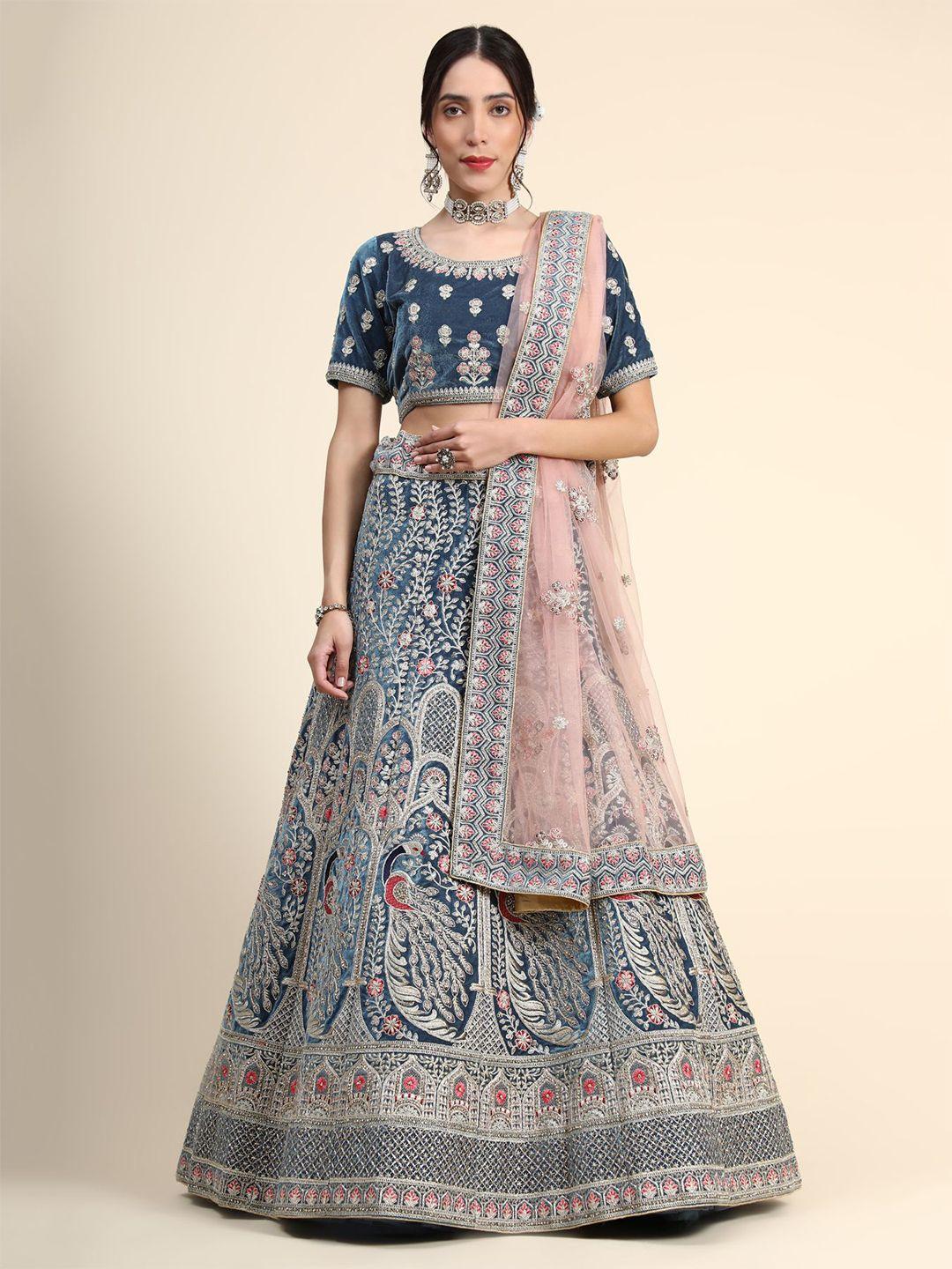 phenav navy blue & pink embroidered thread work ready to wear lehenga & blouse with dupatta