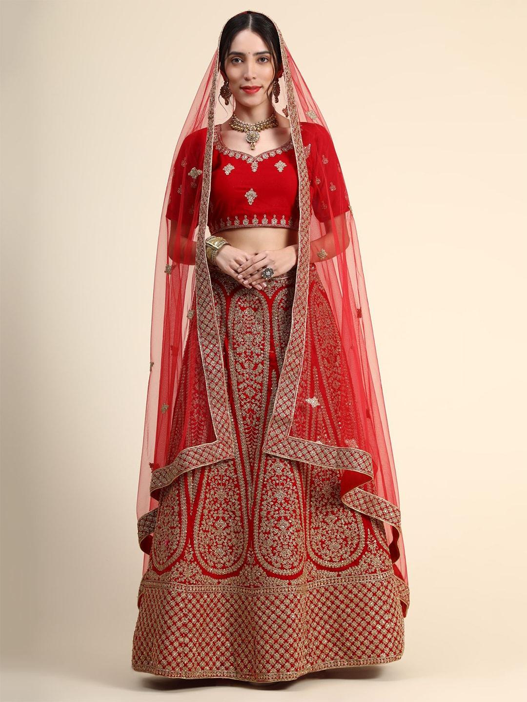 phenav red & gold-toned embroidered thread work ready to wear lehenga & blouse with dupatta
