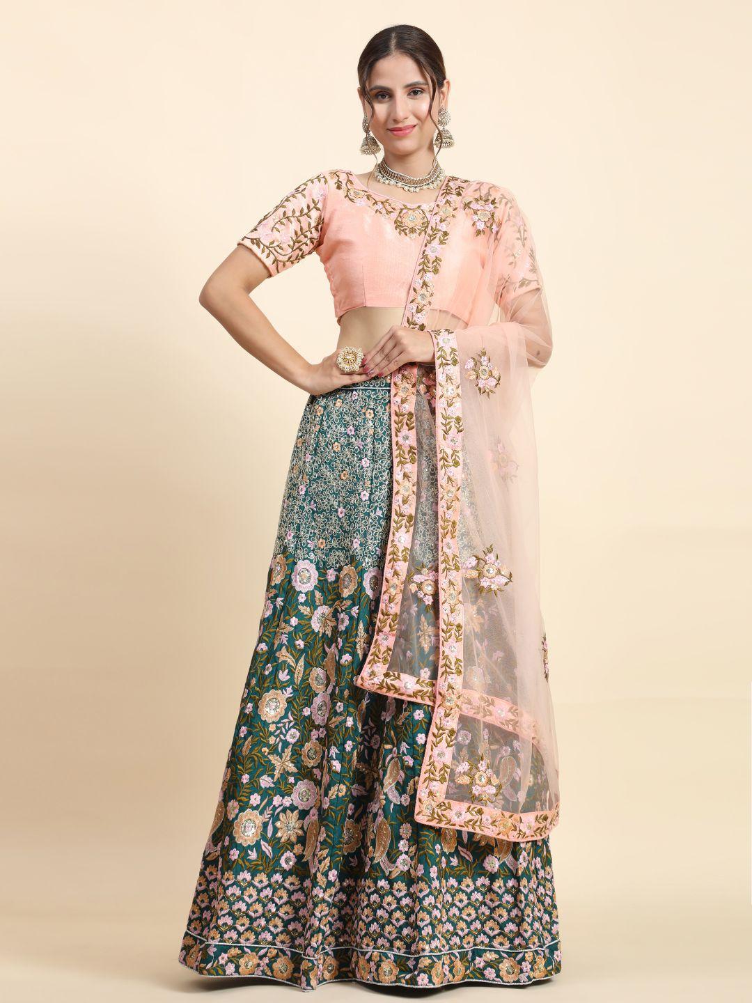 phenav grey & pink embroidered thread work semi-stitched lehenga & blouse with dupatta