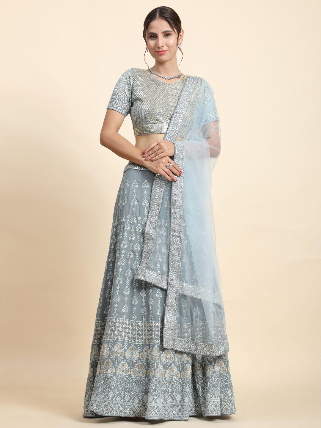 phenav grey embroidered semi-stitched lehenga & blouse with dupatta