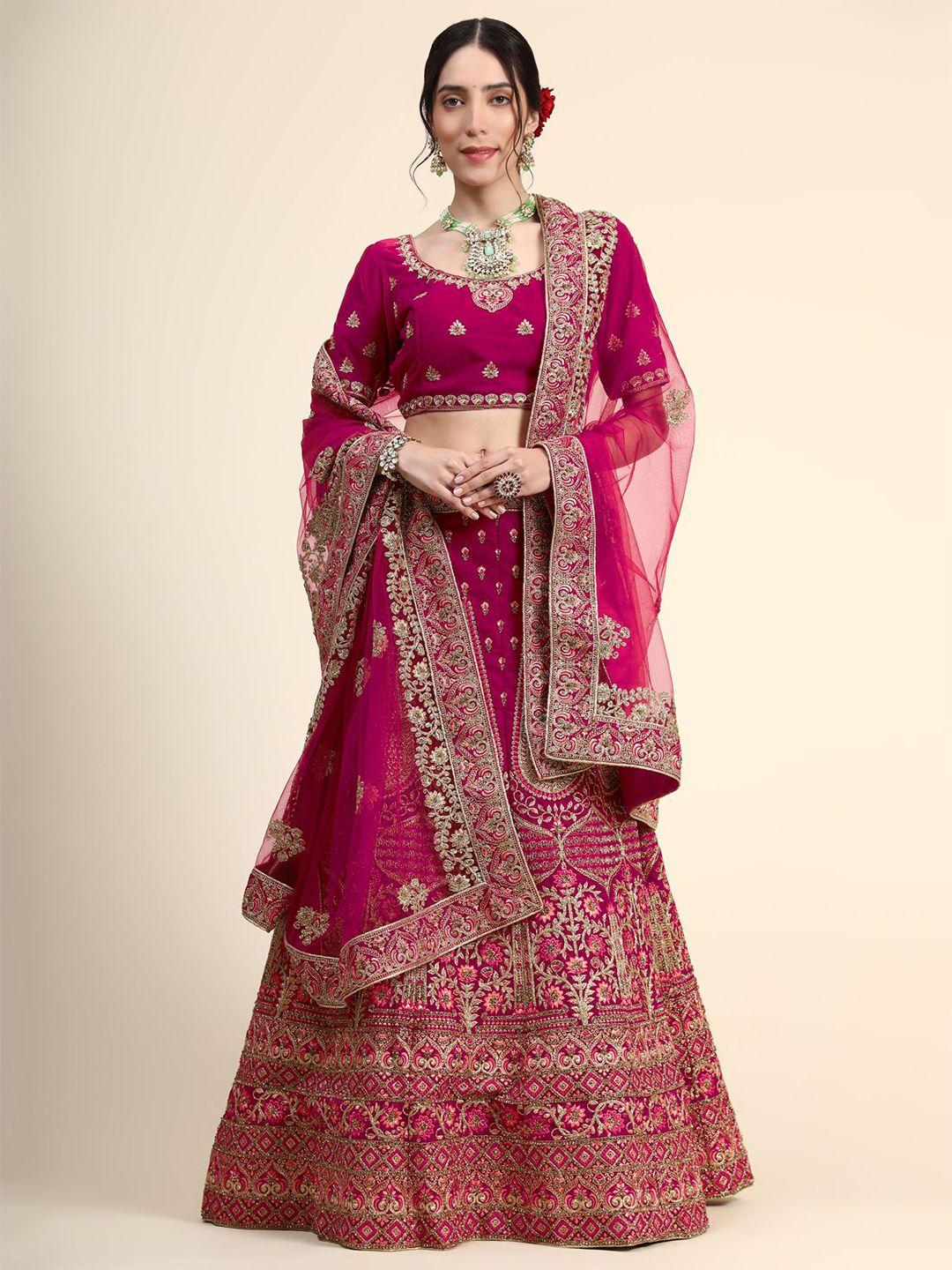 phenav magenta & gold-toned embroidered thread work ready to wear lehenga & blouse with dupatta
