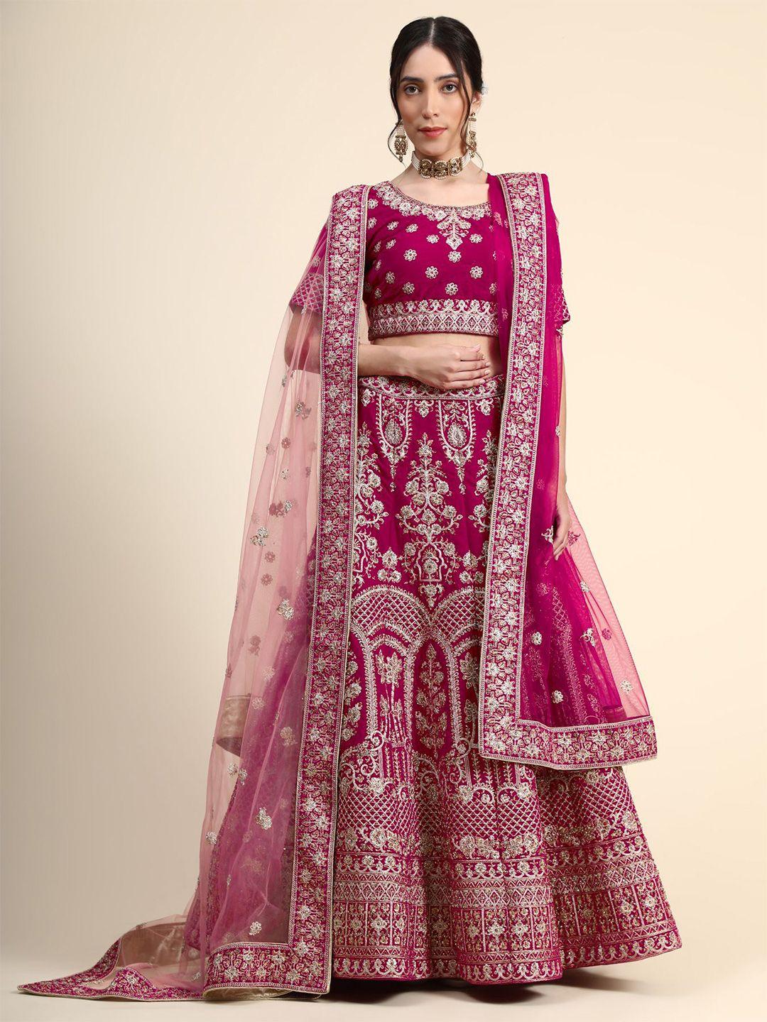 phenav magenta & silver-toned embroidered thread work ready to wear lehenga & blouse with dupatta