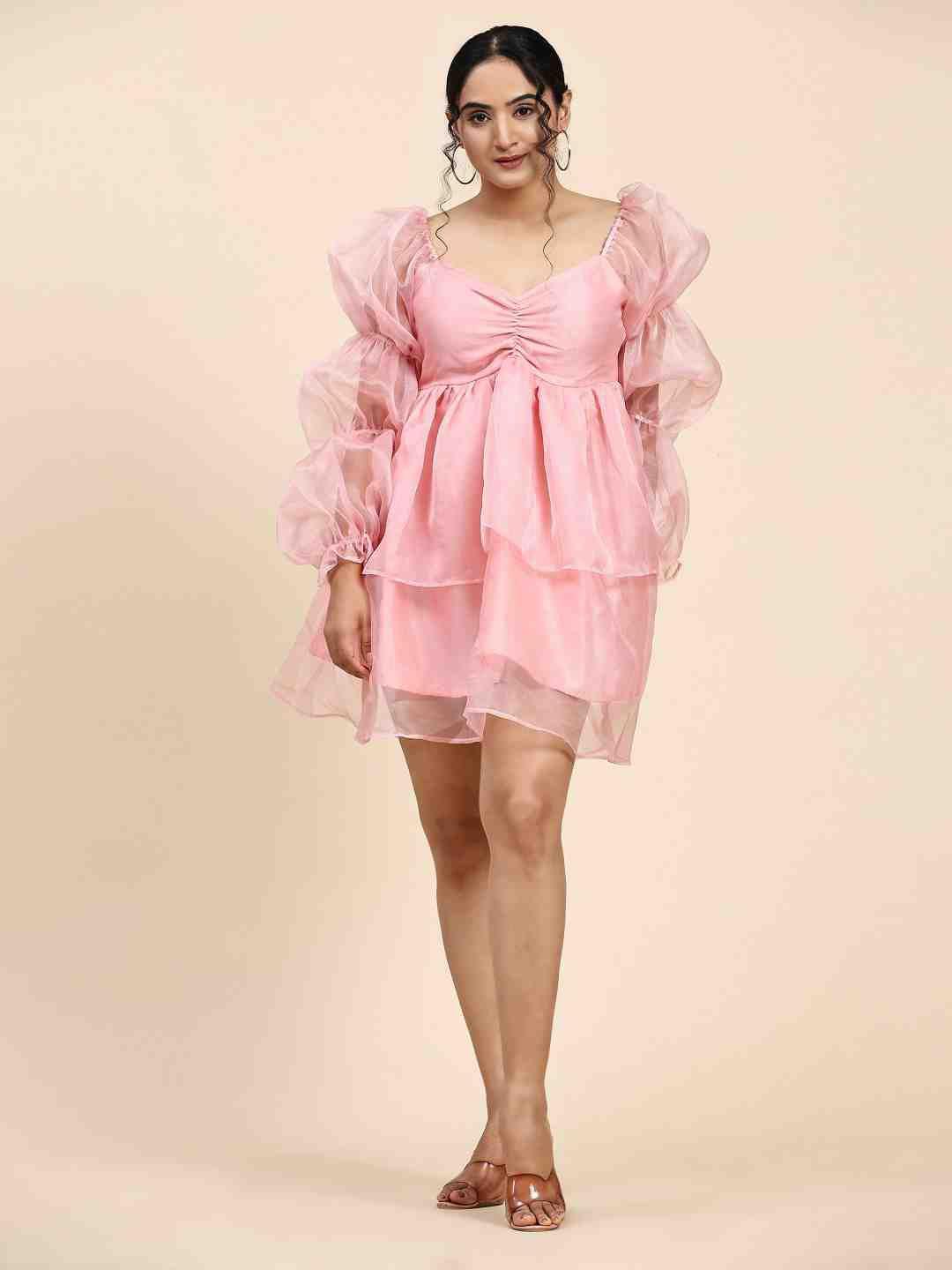 phenav peach-coloured puff sleeve fit & flare dress