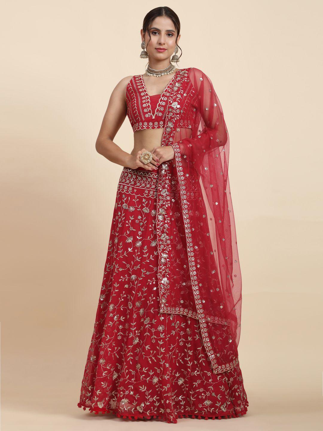 phenav pink & gold-toned embellished sequinned semi-stitched lehenga & blouse with dupatta