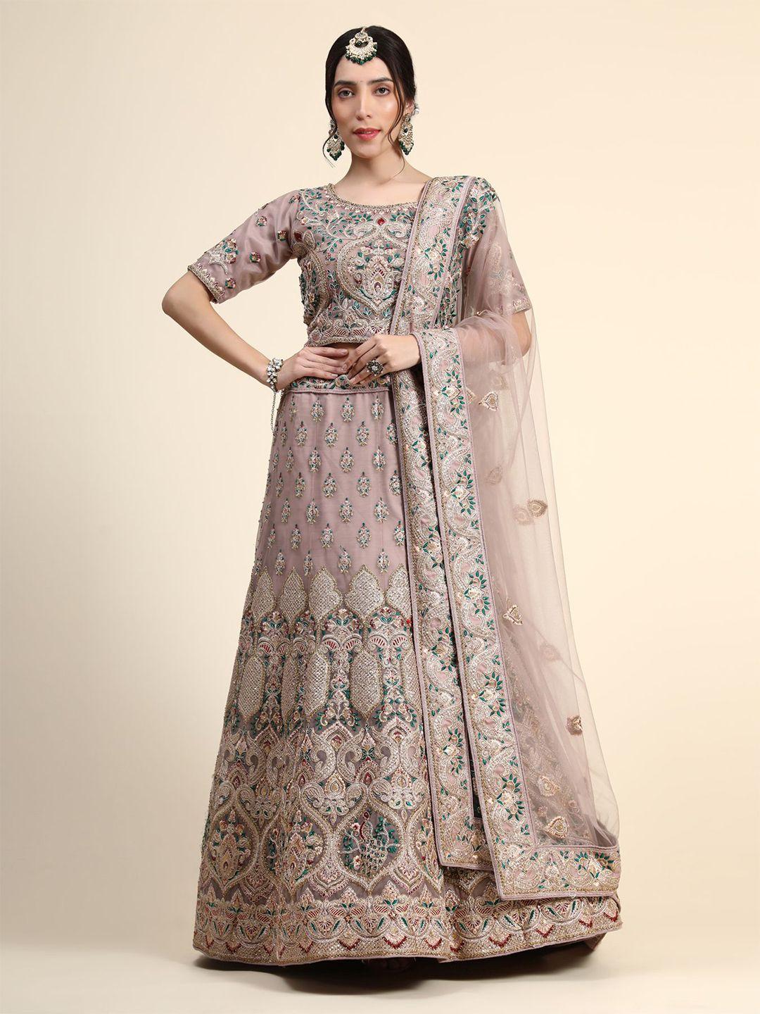 phenav pink & green embroidered thread work ready to wear lehenga & blouse with dupatta