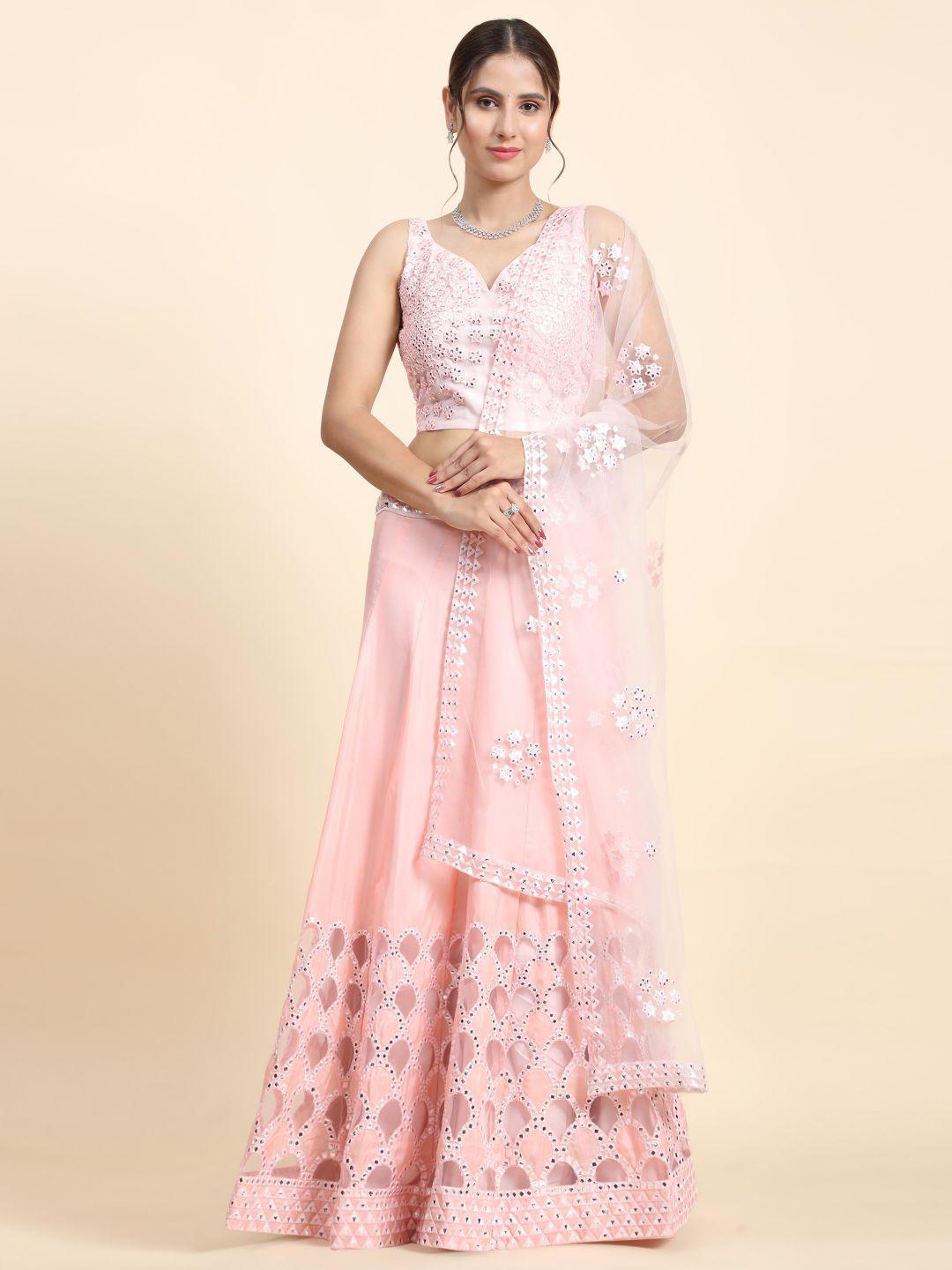 phenav pink & silver-toned embellished sequinned semi-stitched lehenga & blouse with dupatta