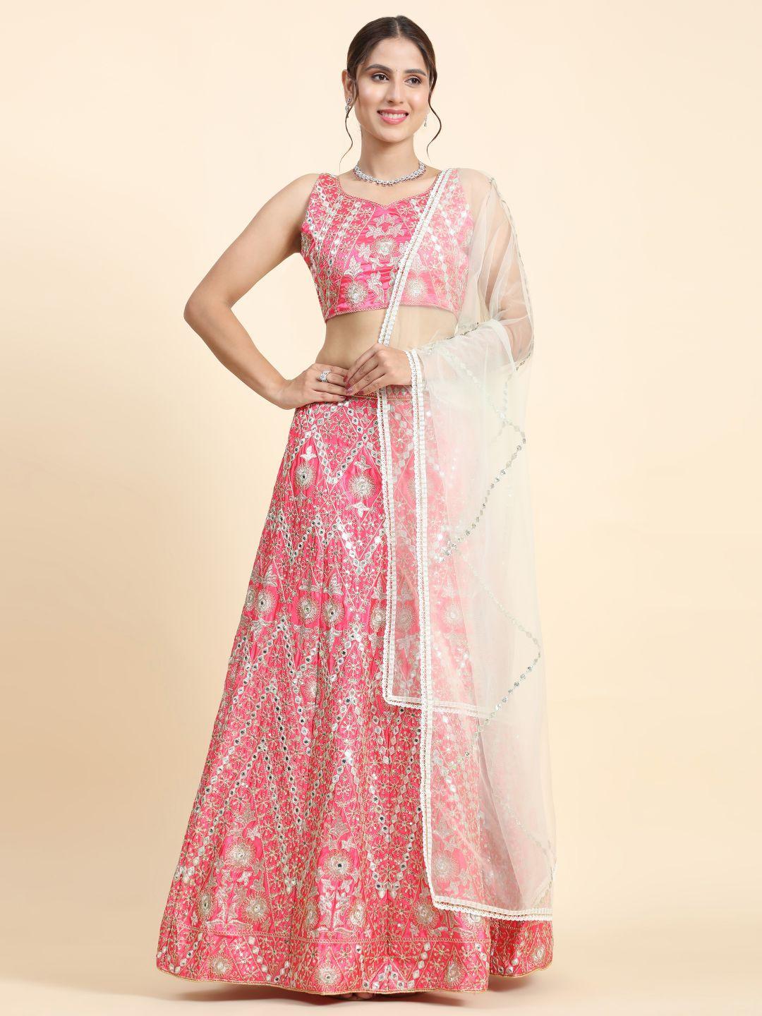 phenav pink & white embroidered thread work semi-stitched lehenga & blouse with dupatta