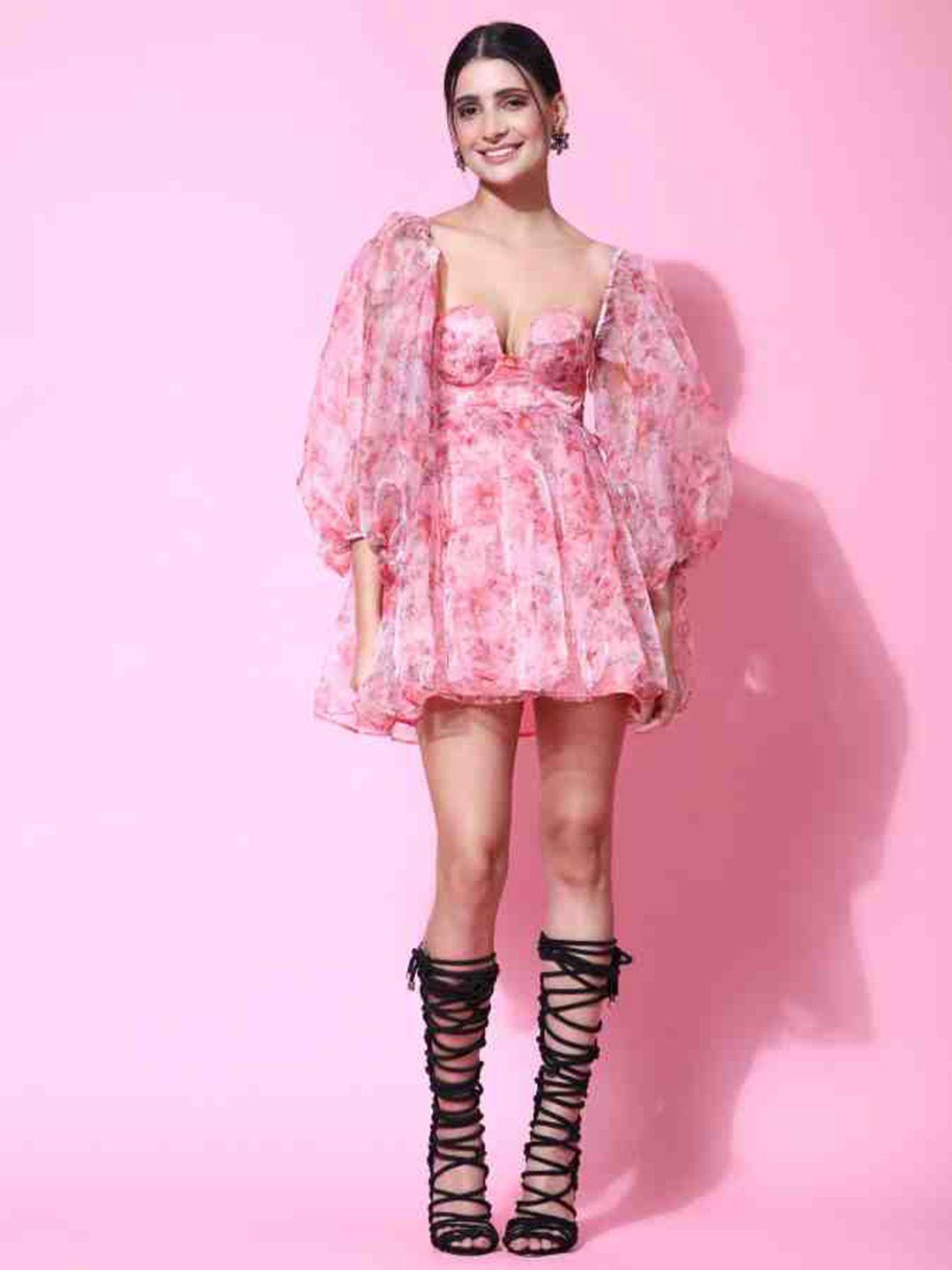 phenav pink floral print flared sleeve fit & flare dress
