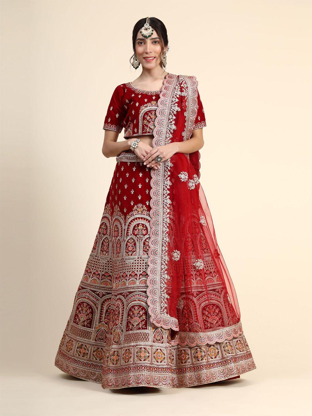 phenav red & silver-toned embroidered thread work ready to wear lehenga & blouse with dupatta