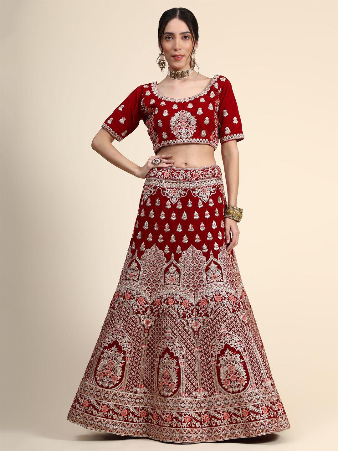 phenav red & silver-toned embroidered thread work ready to wear lehenga & blouse with dupatta