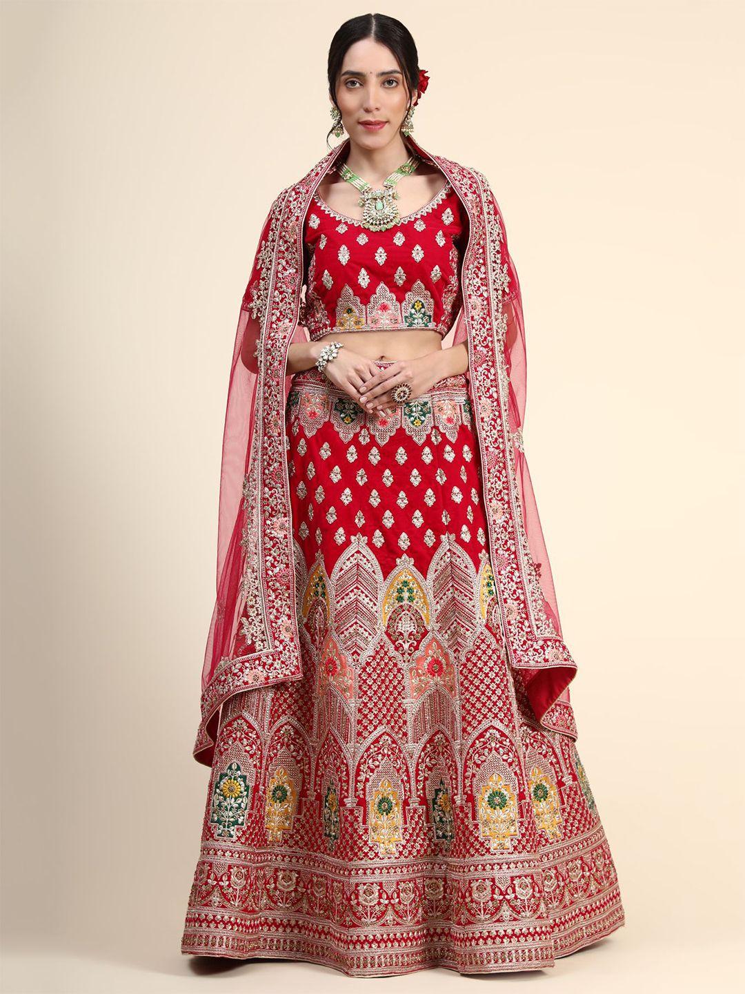 phenav red & yellow embroidered thread work ready to wear lehenga & blouse with dupatta