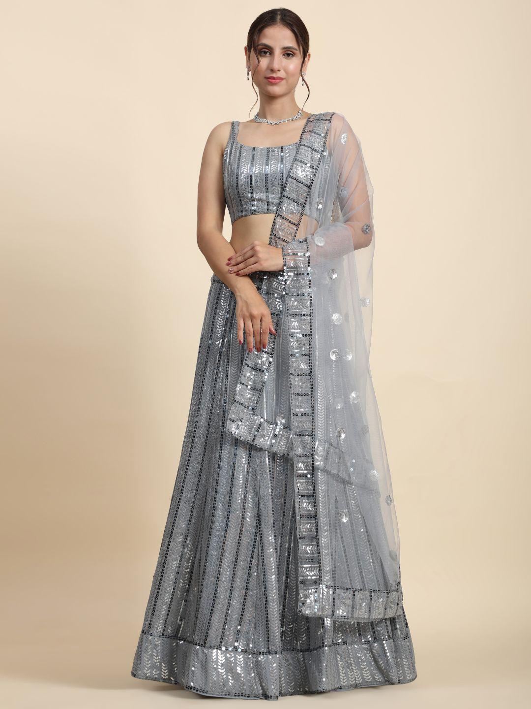 phenav silver-toned embellished sequinned semi-stitched lehenga & blouse with dupatta