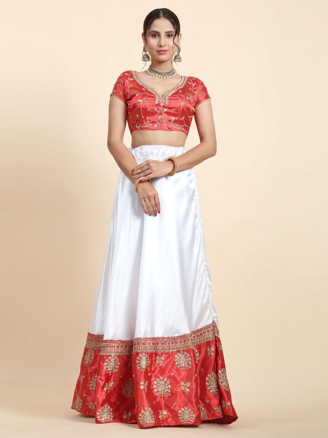 phenav white & red embroidered thread work semi-stitched lehenga & blouse with dupatta