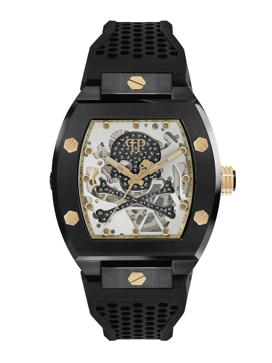 philipp plein men printed dial & textured straps analogue automatic watch pwbaa0521