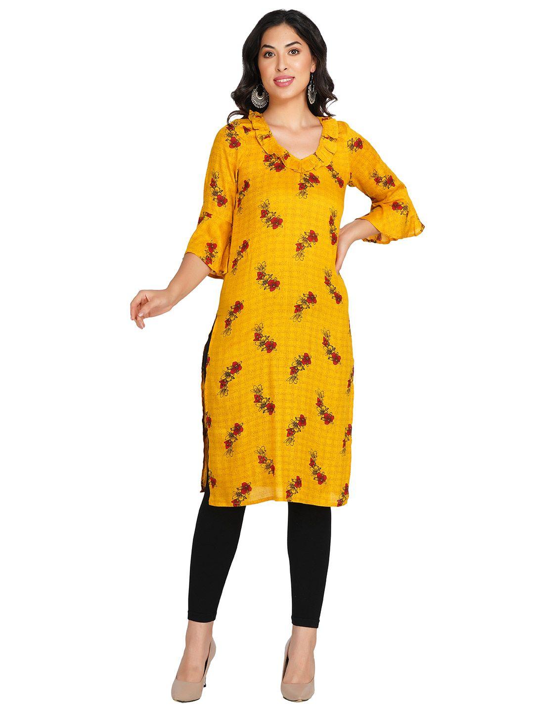 phwoar women yellow floral printed flared sleeves kurta