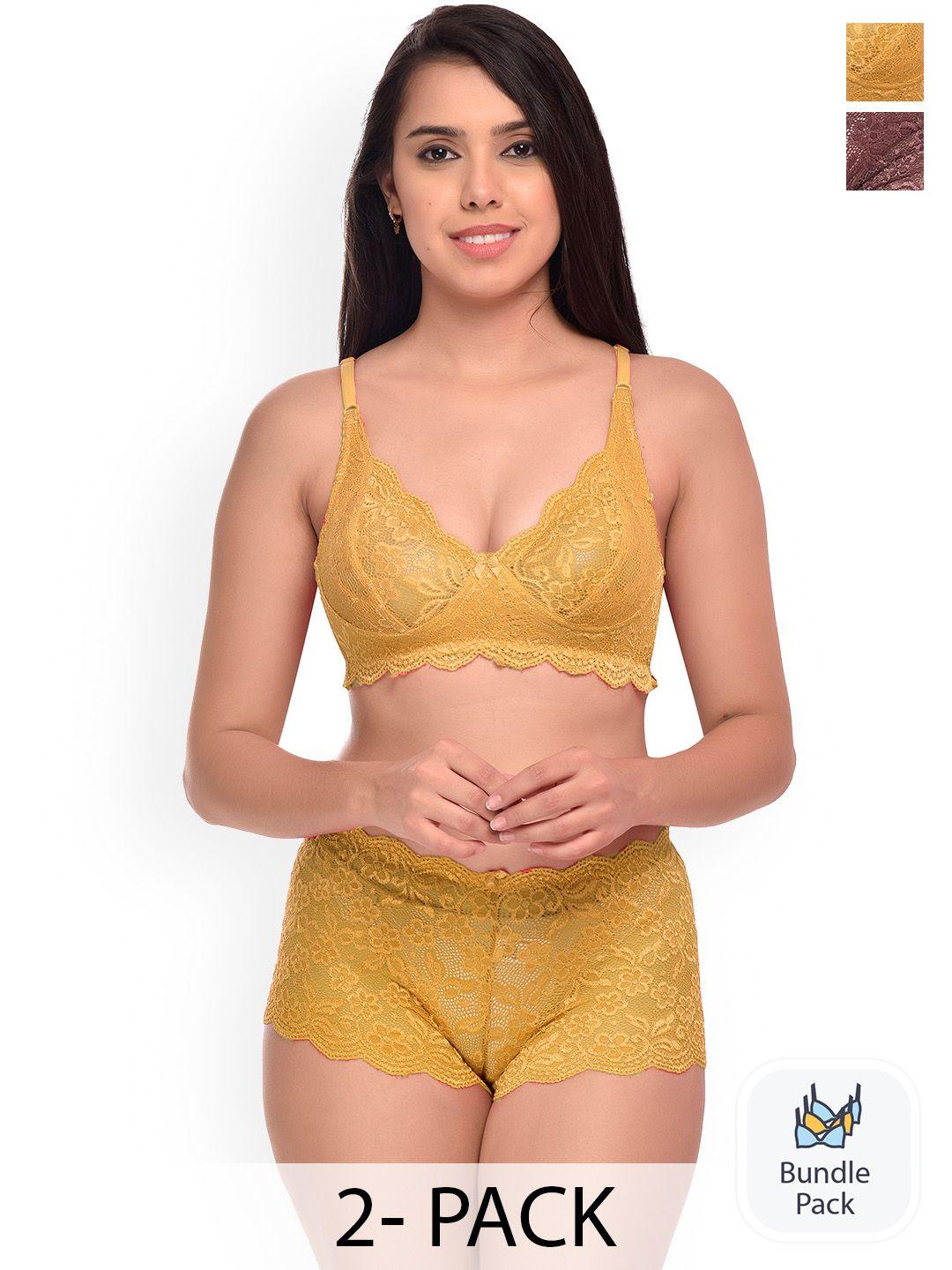 pibu pack of 2 self design non-padded lingerie set f_rain-set_yellow,maroon_30