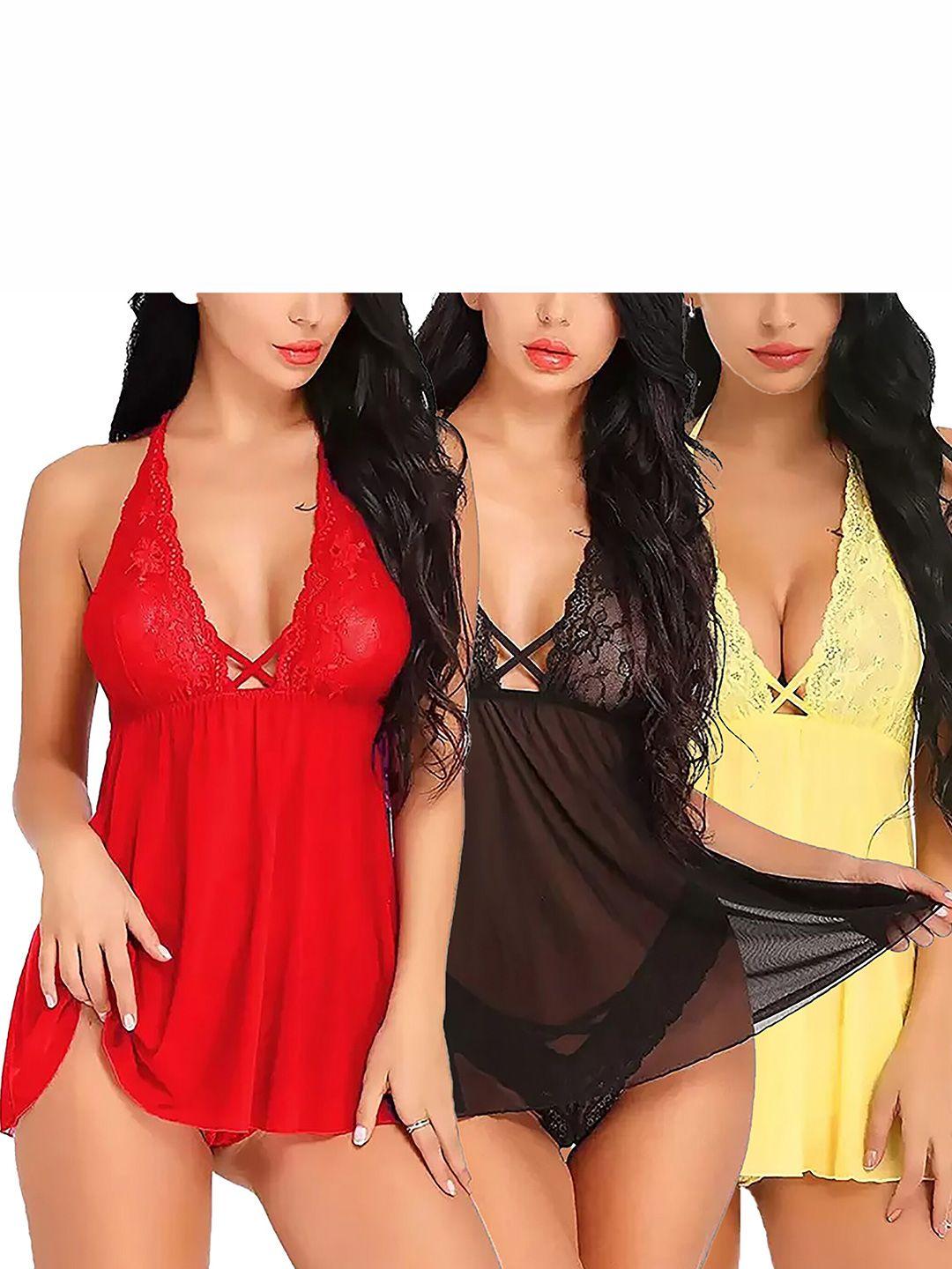 pibu pack of 3 self design halter neck lace baby doll