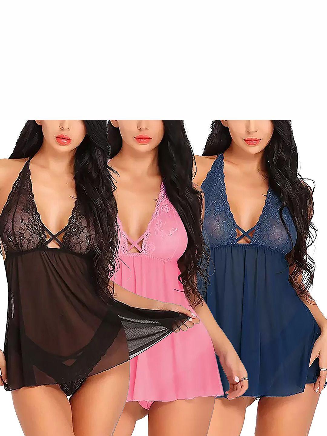 pibu pack of 3 self design halter neck lace baby doll