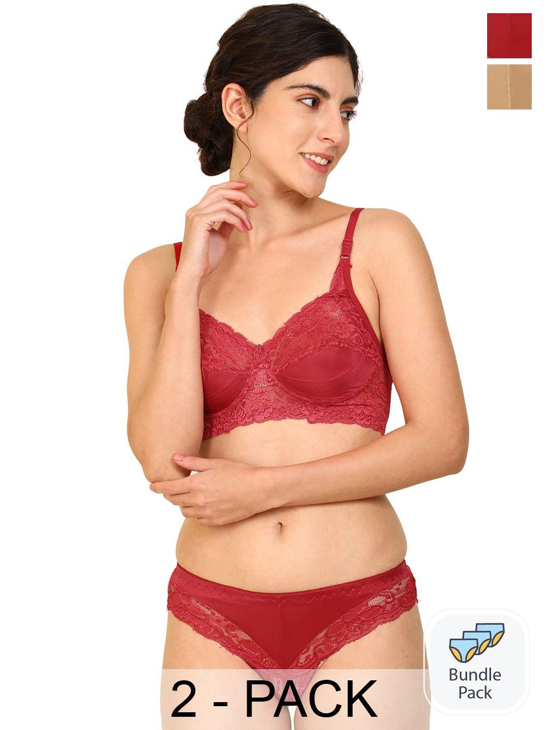pibu women pack of 2 non padded cotton lingerie set f_t-stich_red,brown_30