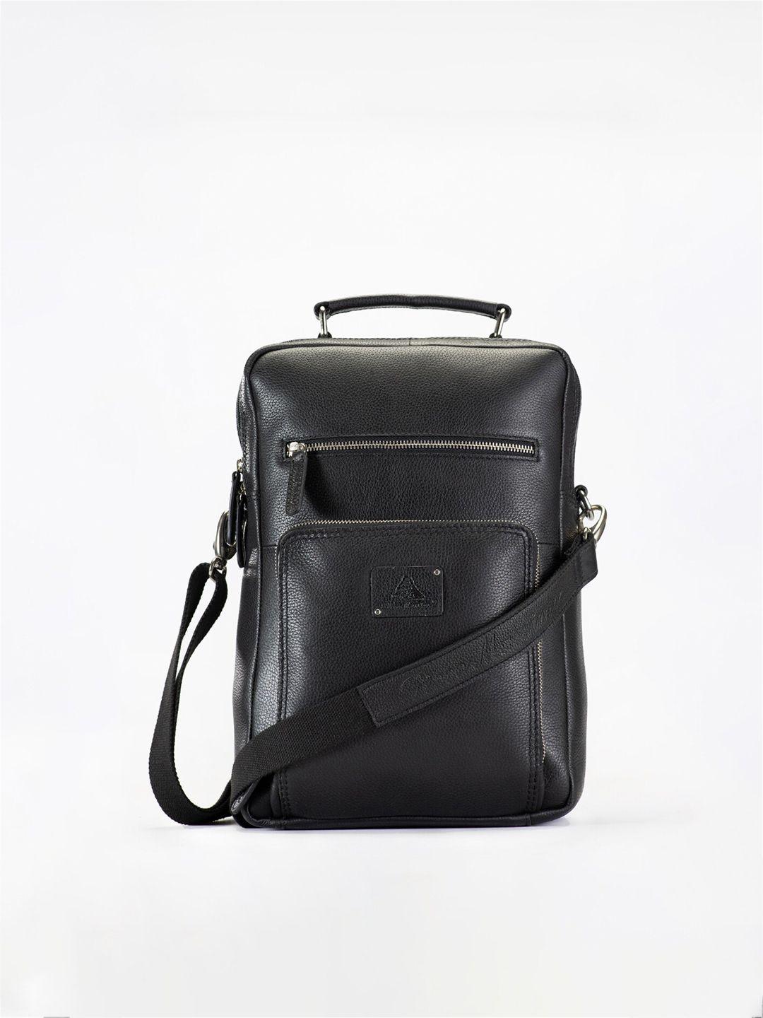 picco massimo unisex black solid leather laptop messenger bag