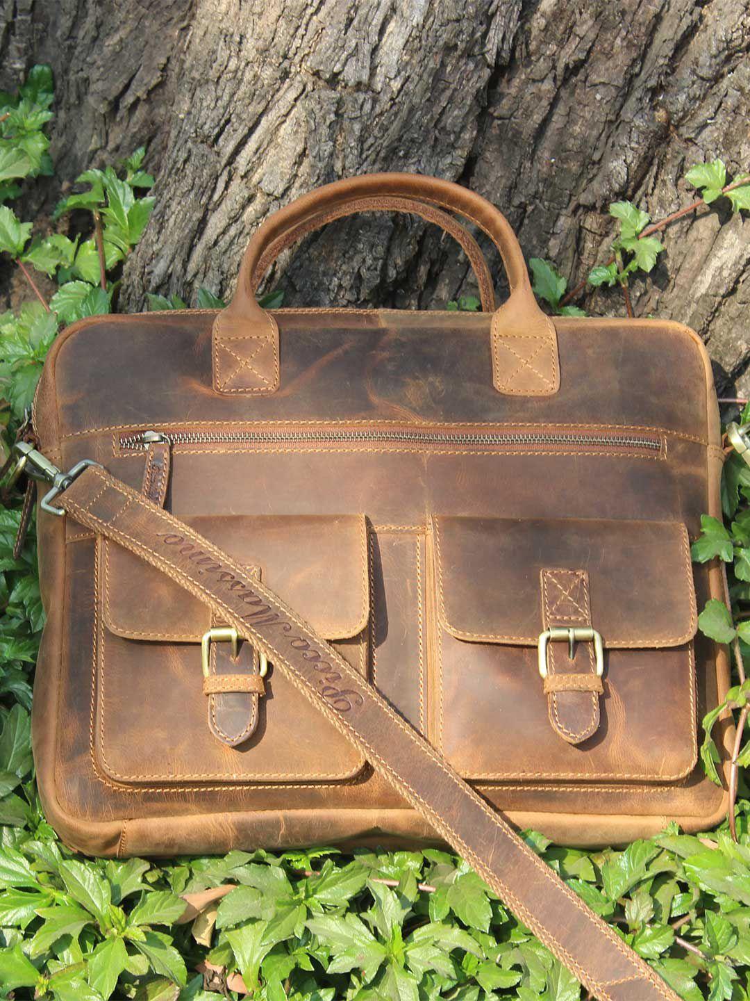 picco massimo unisex tan leather laptop messenger bag