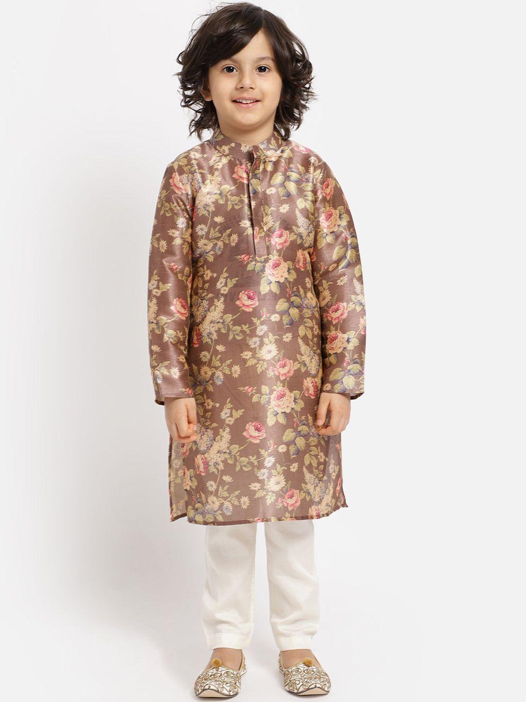 piccolo boys brown floral printed regular kurta with pyjamas