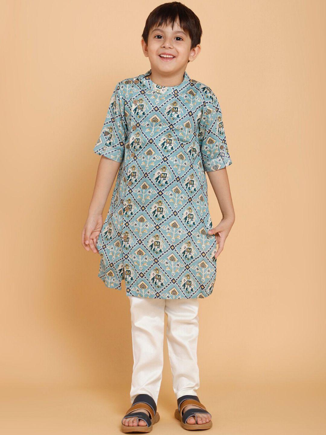 piccolo boys blue ethnic motifs printed pure cotton kurta with pyjamas