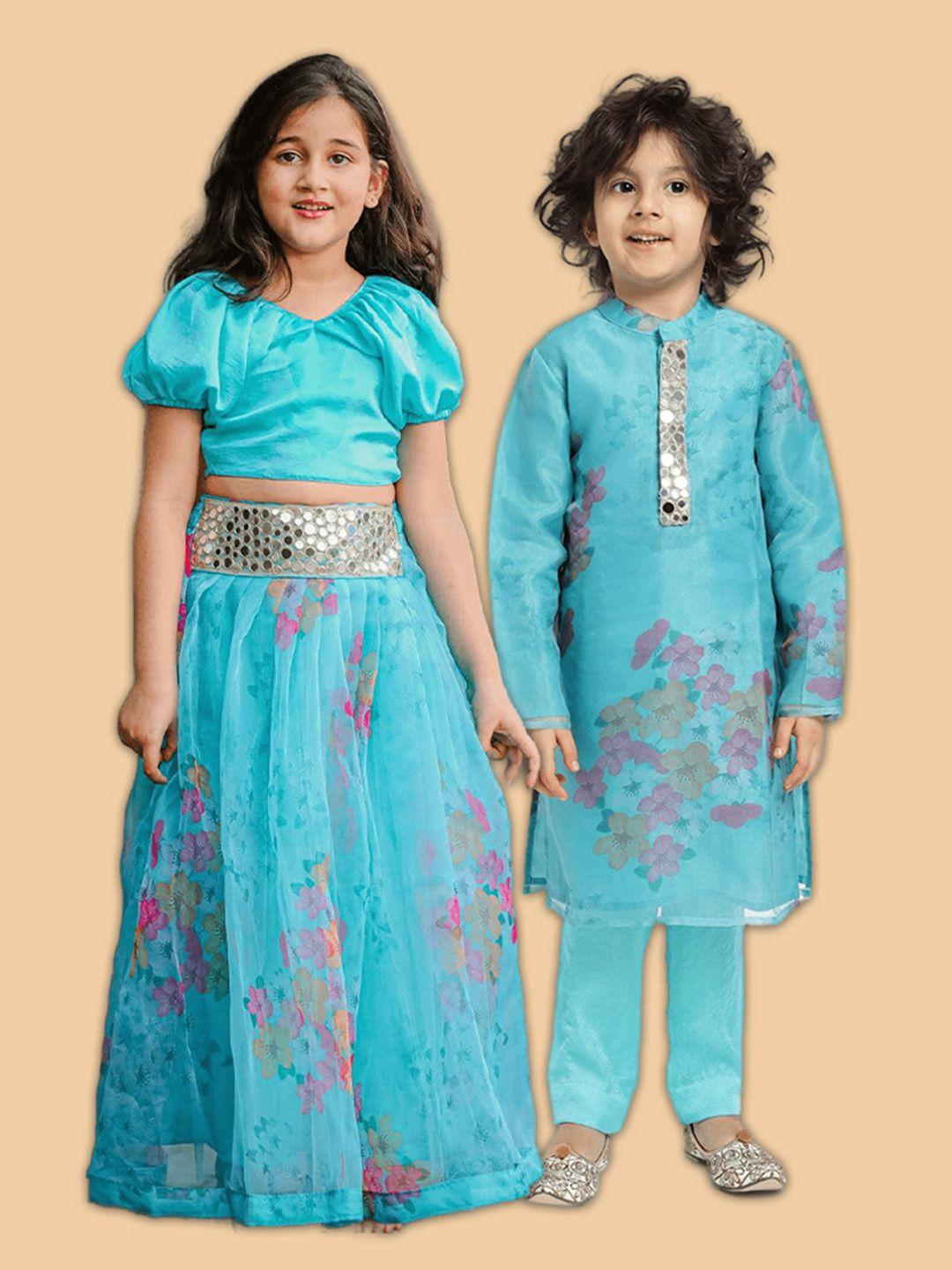 piccolo boys blue floral embroidered regular mirror work kurta with pyjamas