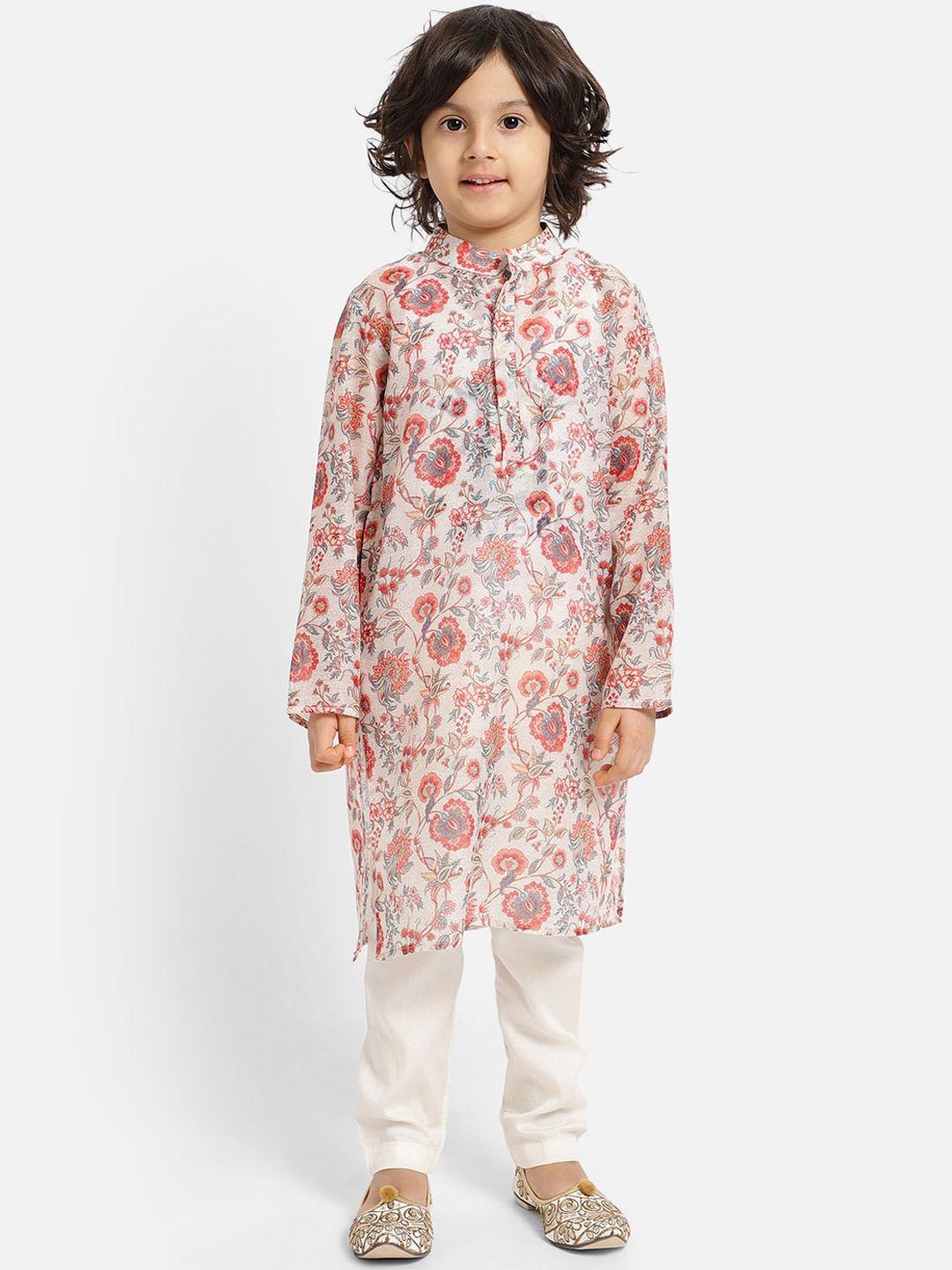 piccolo boys cream-coloured & red floral printed regular kurta with pyjamas