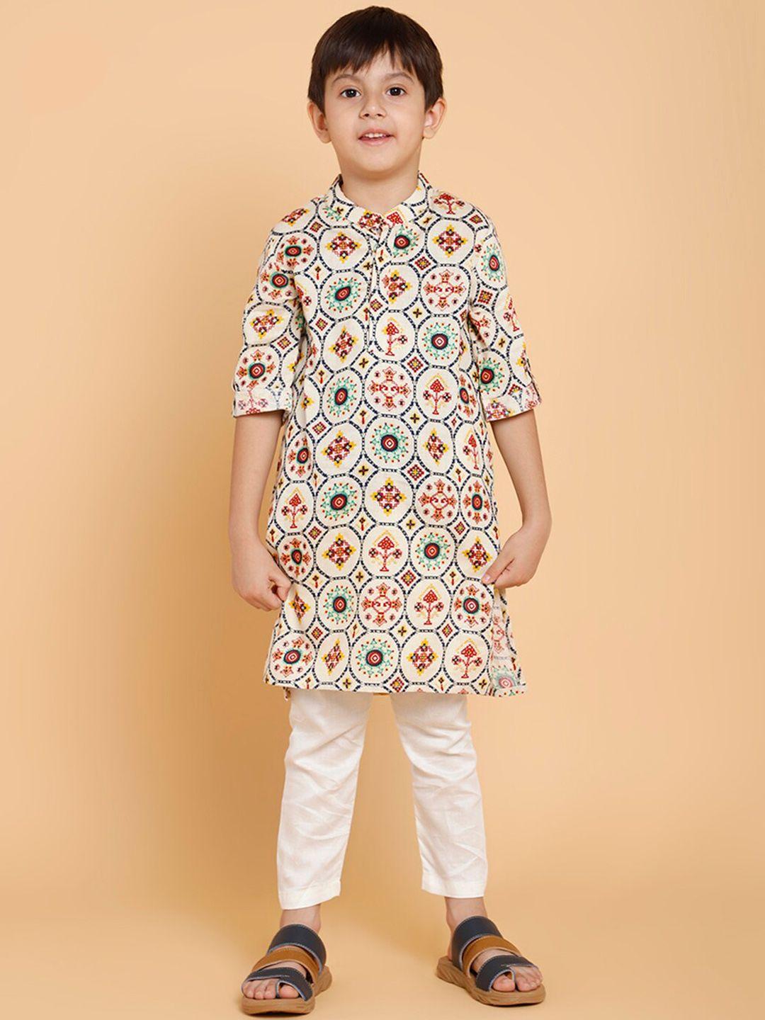 piccolo boys cream-coloured ethnic motifs printed pure cotton kurta with pyjamas