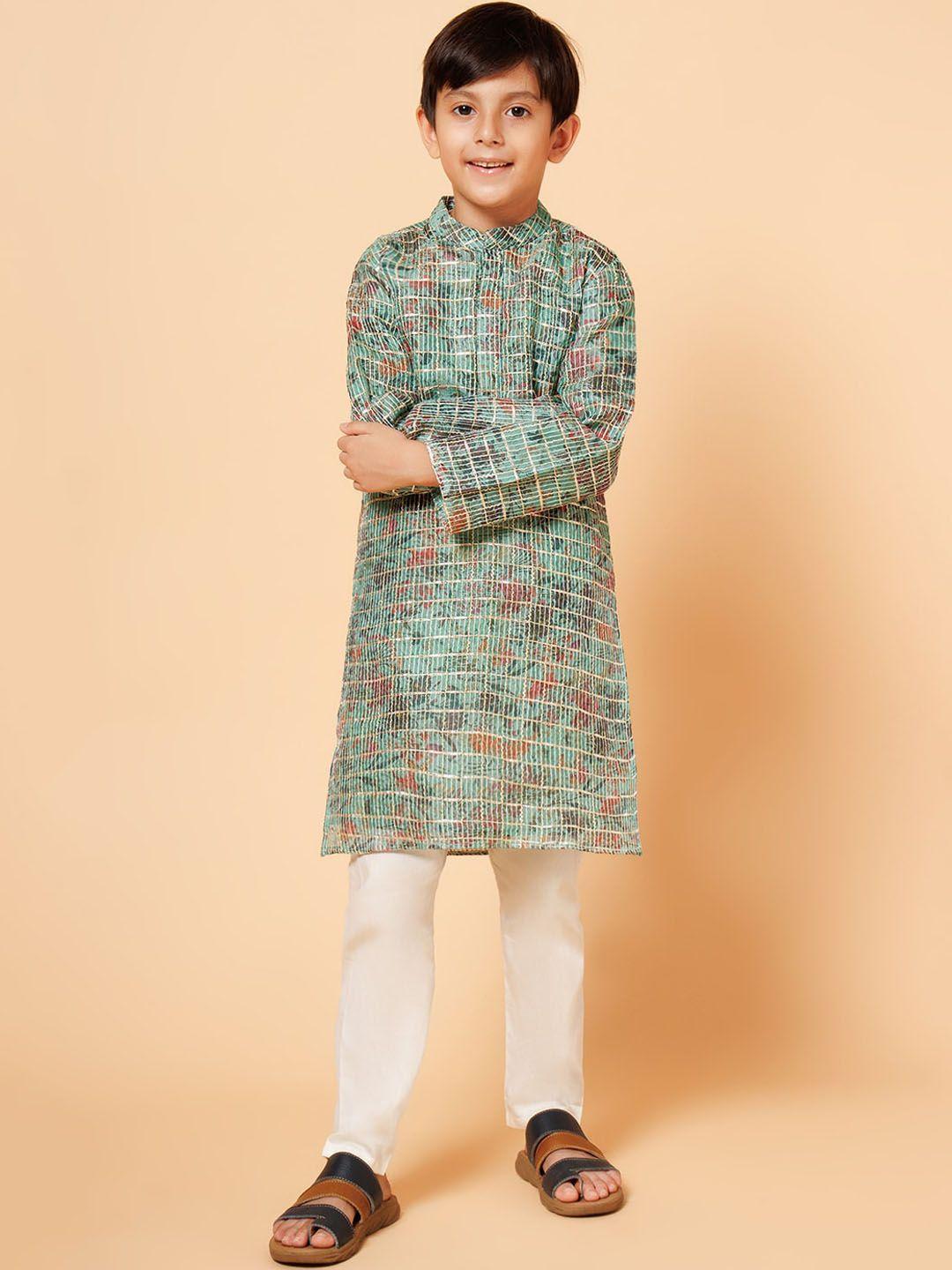 piccolo boys floral printed mandarin collar thread work kurta with pyjamas