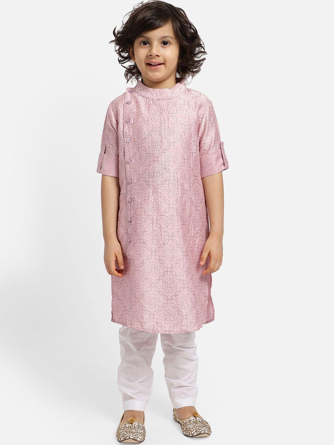 piccolo boys pink & white floral embroidered regular kurta with pyjamas