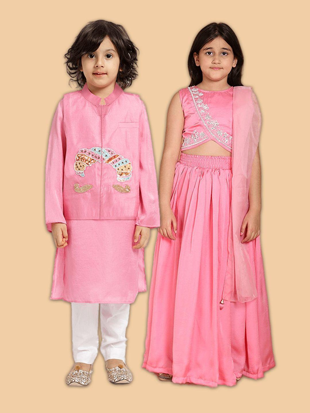 piccolo boys pink embroidered regular kurta with pyjamas
