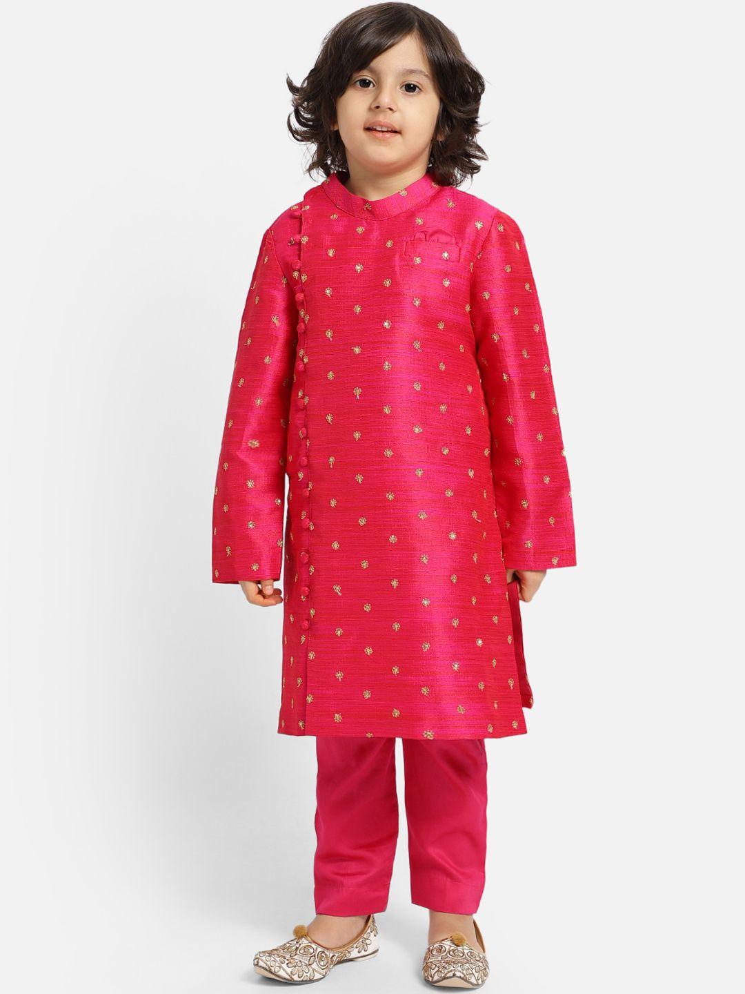 piccolo boys pink ethnic motifs embroidered angrakha raw silk kurta with pyjamas