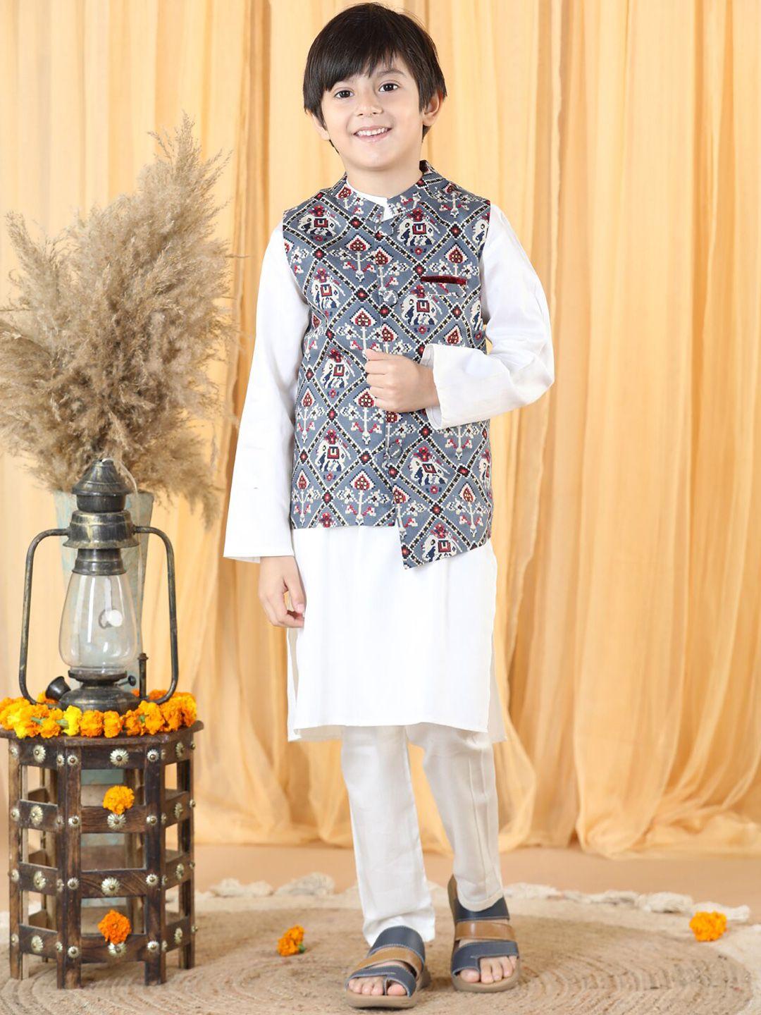 piccolo boys pure cotton kurta with pyjamas & printed nehru jacket