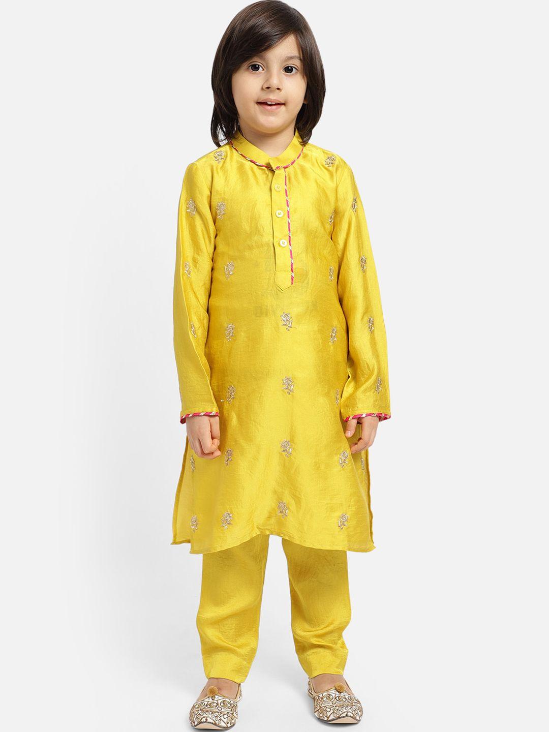 piccolo boys yellow floral embroidered regular sequinned kurta with pyjamas