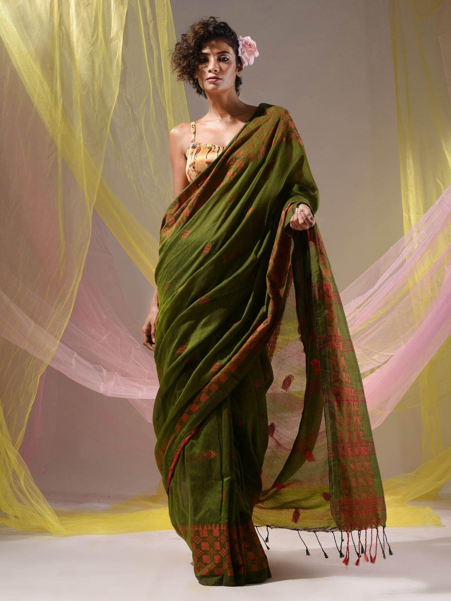 pickle green cotton handloom soft geometric border saree with unstitched blouse