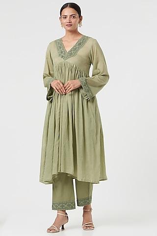 pickle green mul cotton kurta set