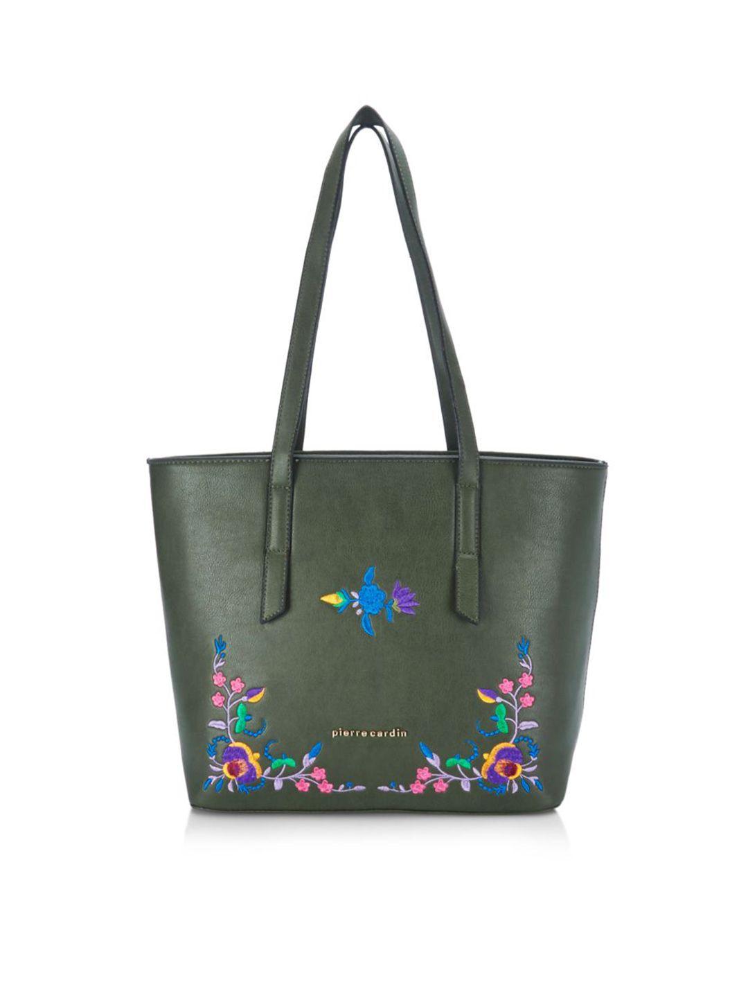 pierre cardin olive green embroidered tote bag
