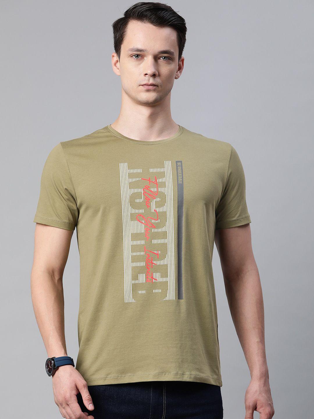 pierre carlo men olive green & white typography printed t-shirt