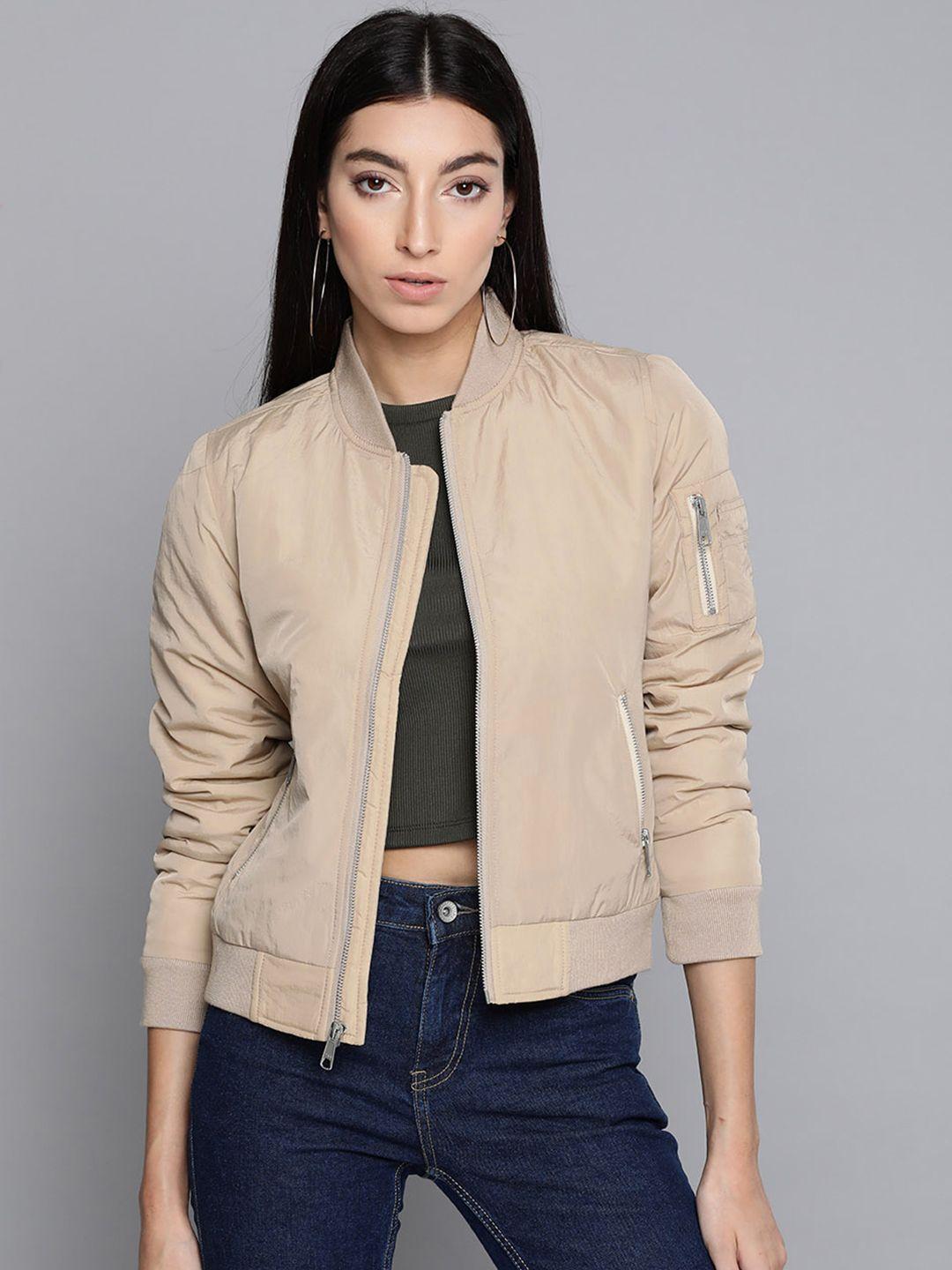 pierre carlo women beige solid bomber jacket