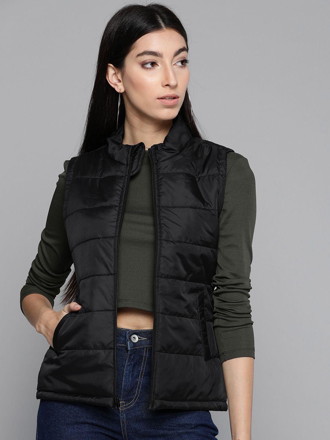 pierre carlo women black solid sleeveless padded jacket