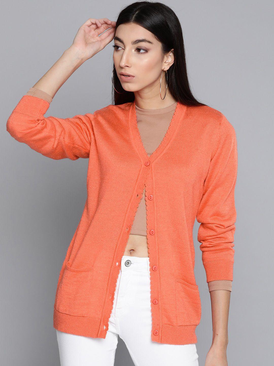 pierre carlo women coral orange solid cardigan sweater