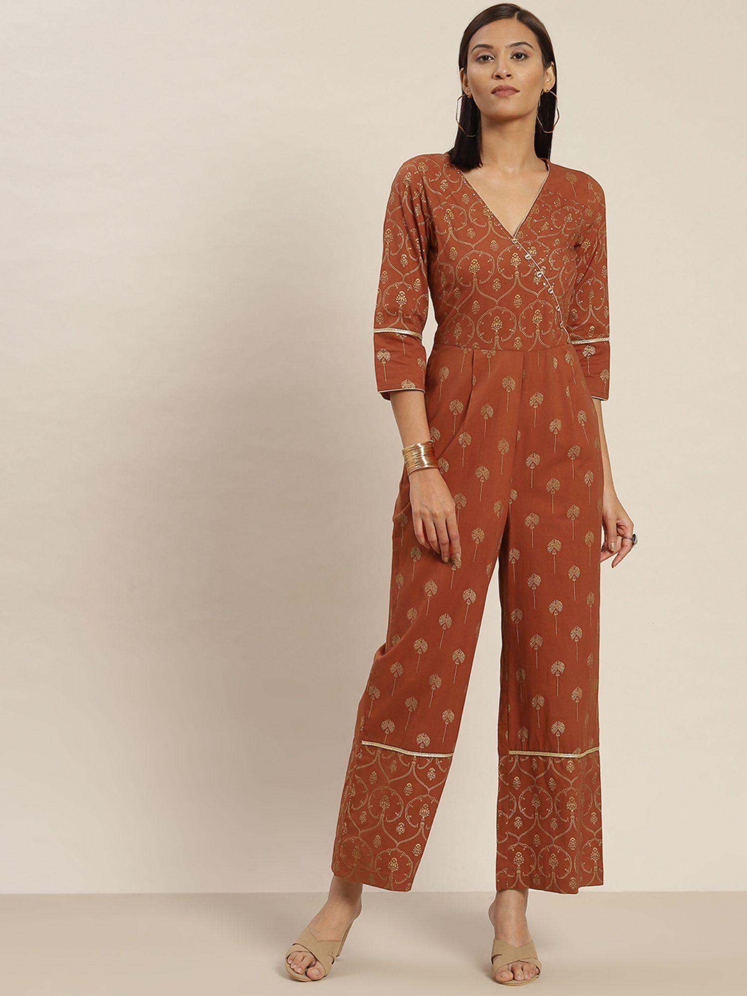 pigment print cotton rust ethnic jumpsuit with angrakha style neckline