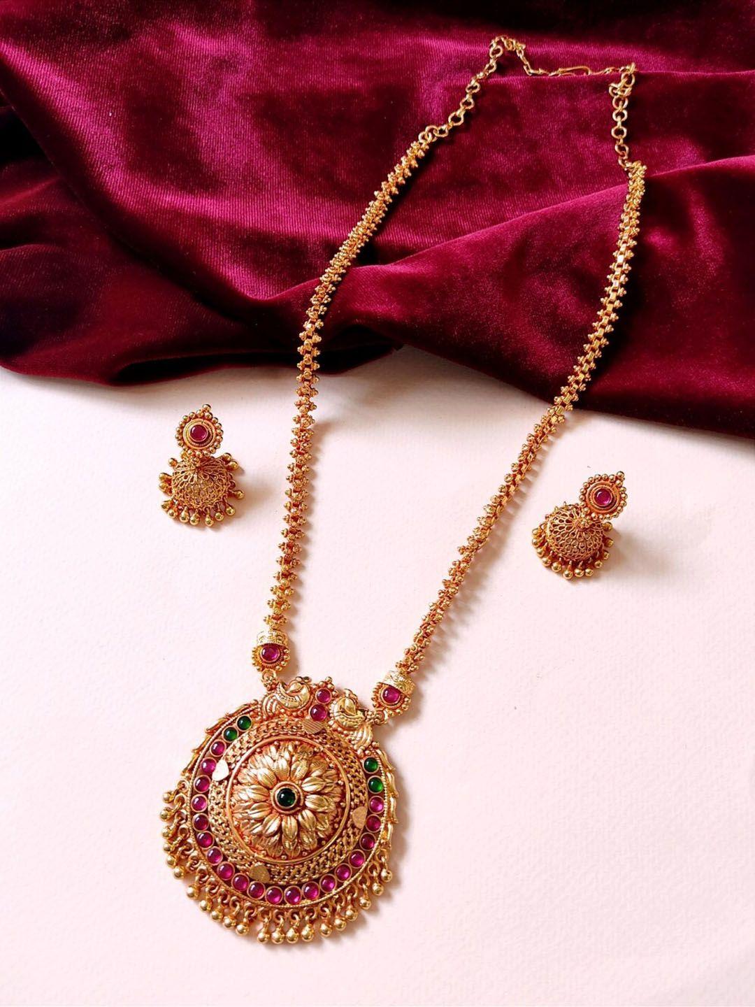 pihtara jewels gold-plated artificial stones-studded & beaded necklace and earrings